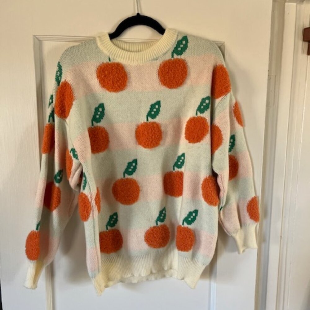 Women Long Sleeve Crewneck Oversized Knitted Fruit Sweater